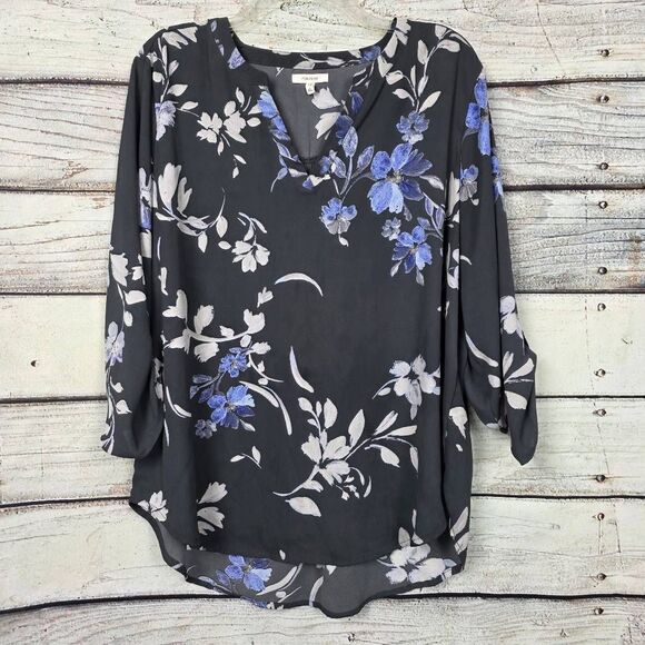 Maurices XL Black Blue Floral High Low Blouse - Picture 2 of 7